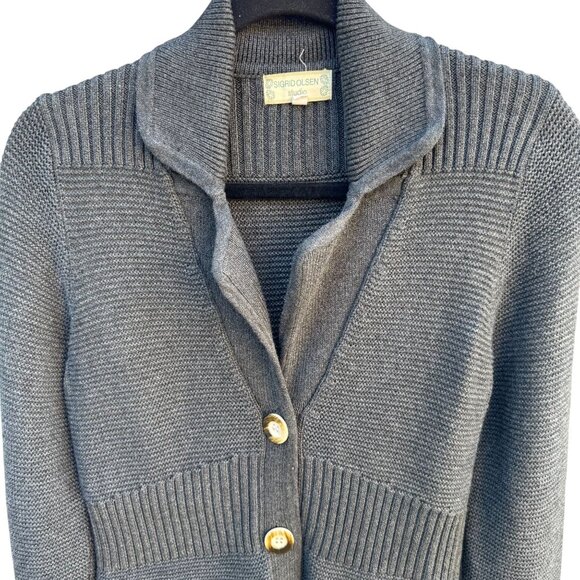 Sigrid Olsen Studio Gray Button-Up Cardigan With Ribbed Details & Pockets - XS - Picture 3 of 10